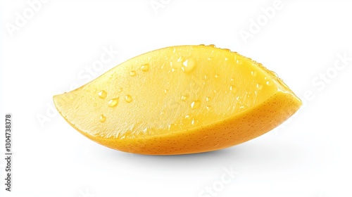 A single, ripe yellow mango, sliced in half, shows water droplets.  Isolated on a white background with clipping path.
 