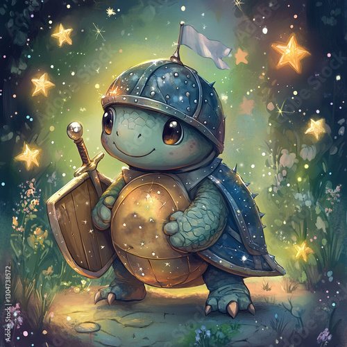 A brave cartoon-style turtle knight stands in an enchanted forest, wearing a shining helmet and armor while holding a wooden shield and a sword under a glowing starry sky