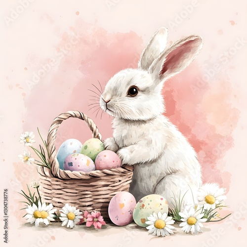 Adorable Easter Bunny with Floral Basket of Colorful Eggs