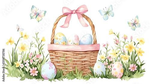 Cheerful Easter Basket with Colorful Eggs and Spring Flowers in Blooming Meadow