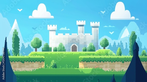 Wallpaper Mural Pixel Art Castle Landscape with Mountains, Trees, Clouds, and Vibrant Blue Sky for Fantasy Game Background or Illustration Use Torontodigital.ca