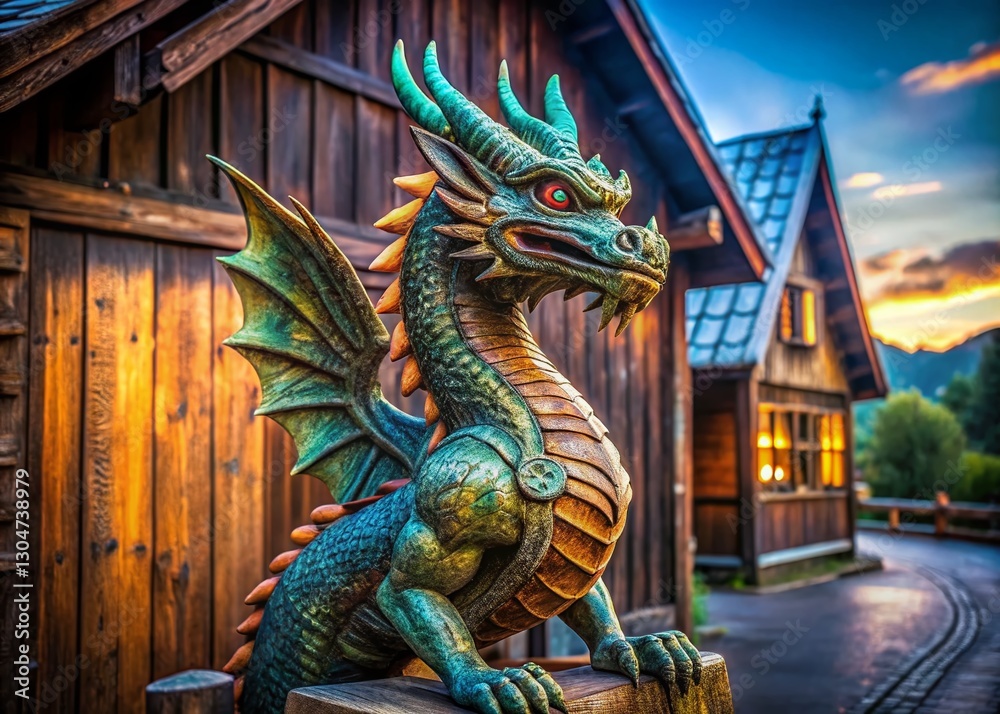 Fototapeta premium Scandinavian Dragon Statue Rustic Wooden Building Exterior Candid Photo