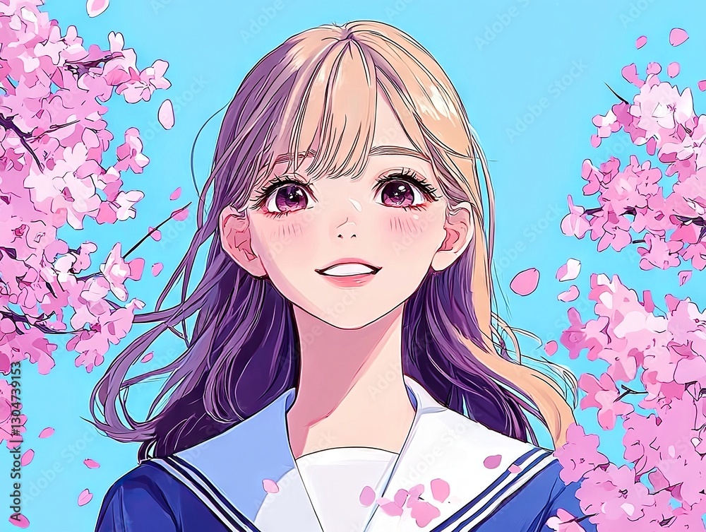 Stylish anime girl among cherry blossoms outdoor scene cheerful atmosphere bright colors youthful spirit Stylish anime girl among cherry blossoms outdoor scene cheerful atmosphere bright colors youthful spirit