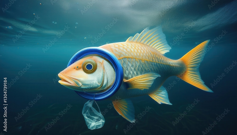 Naklejka premium A fish struggles with plastic pollution while showcasing the need for conservation efforts.