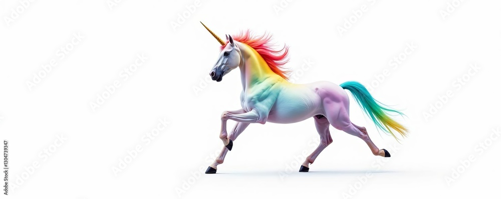 A vibrant rainbow unicorn prancing gracefully on a pure white background, magical, mythical A vibrant rainbow unicorn prancing gracefully on a pure white background, magical, mythical
