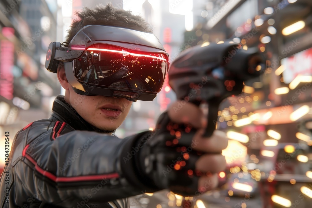 Futuristic Gamer in Virtual Reality with Gun in High-Tech Environment and Neon City Background Futuristic Gamer in Virtual Reality with Gun in High-Tech Environment and Neon City Background
