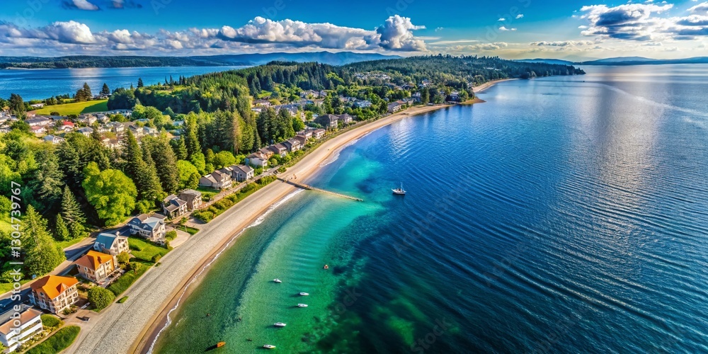 Fototapeta premium Seattle Beach Aerial Puget Sound: Stunning Coastal View, Pacific Northwest Shoreline