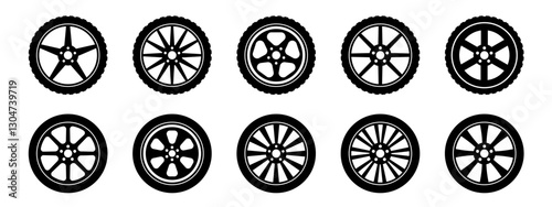 Car wheel icons set. Black wheel tires silhouette collection. Auto wheel disks. Black rubber wheel tire set icon.