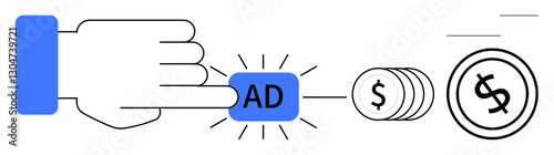 Hand presses ad button leading to coin stacks and dollar sign. Ideal for advertising, digital revenue, pay-per-click, internet campaigns, e-commerce, monetization, financial growth. Flat simple