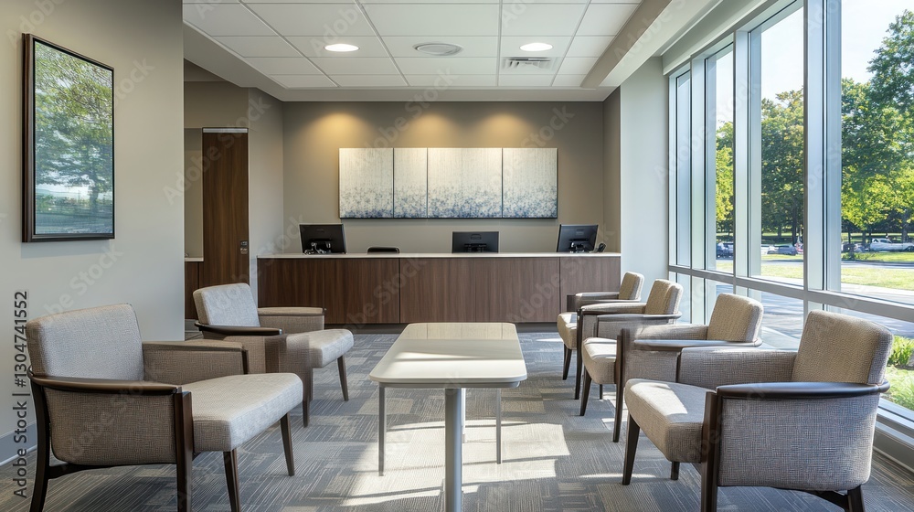 Fototapeta premium Modern medical office waiting area with large windows overlooking park
