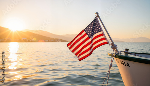 American flag waving on fishing boat at sunrise, patriotic symbolism
