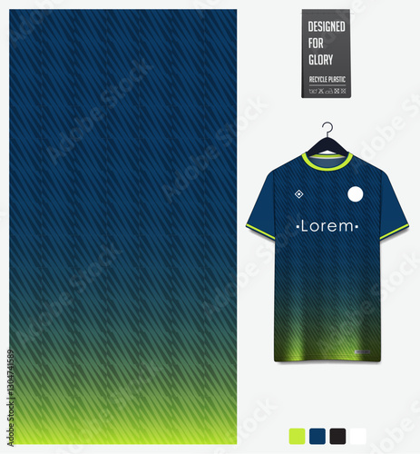 Geometric pattern with gradient background for fabric textile design. Sport shirt mockup template for football, soccer, basketball, cycling, running, rugby, baseball, racing, or sportswear.