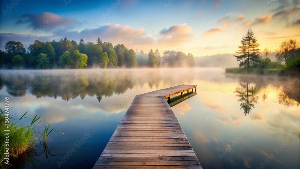Obraz premium Serene Dawn: Tranquil Wooden Dock on Misty Lake - Stock Photo