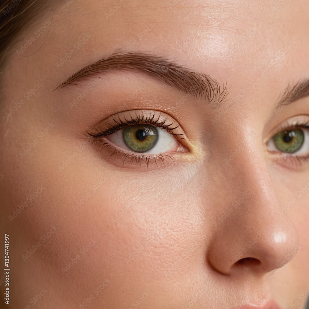 Fototapeta premium Gorgeous Woman's Radiant Face with Striking Green Eyes and Flawless Skin