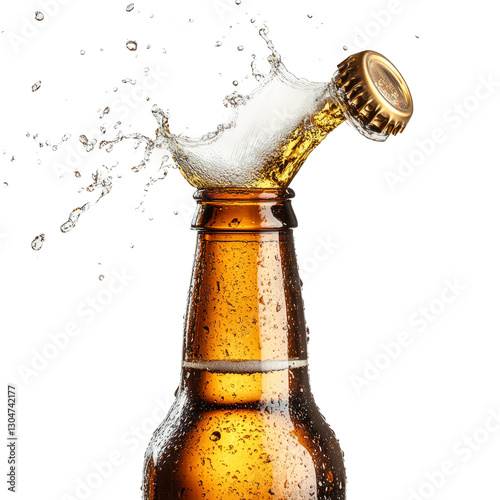 open a beer bottle beer splash the cap bounces off, isolated on white background