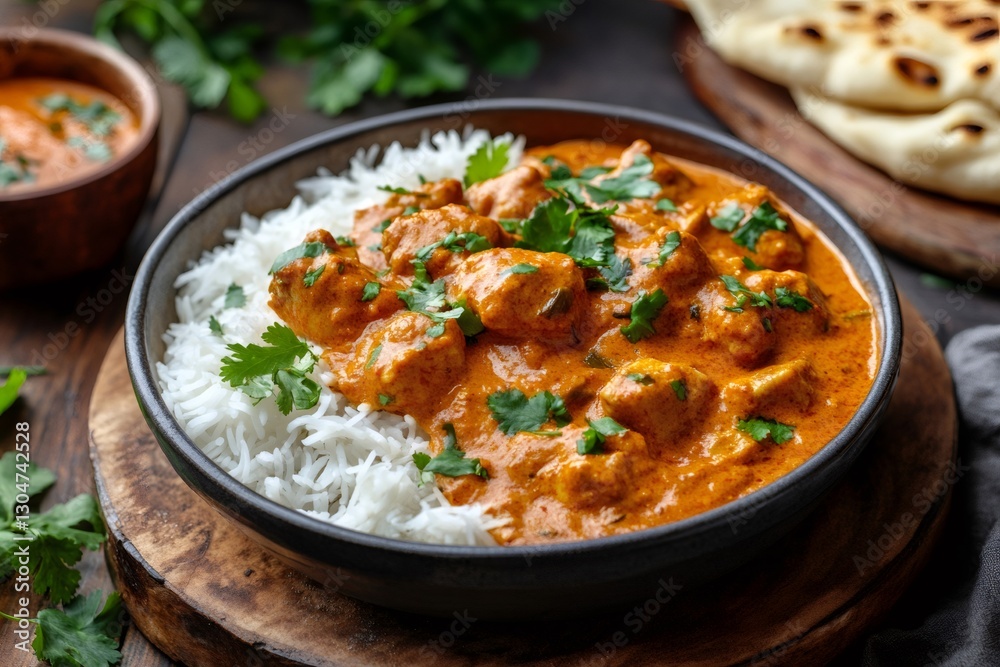 Chicken tikka masala with basmati rice and coriander garnish, indian cuisine Chicken tikka masala with basmati rice and coriander garnish, indian cuisine