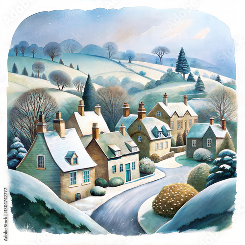 Snowy English village with stone cottages and rolling hills