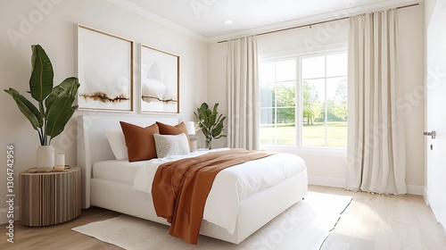 modern home decor  bohemian  color palette. A bright and airy bedroom featuring a white bed, warm-toned decor, large windows, and greenery, creating a calm and inviting atmosphere.