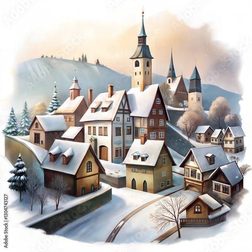 Snow-covered medieval village with historic architecture
