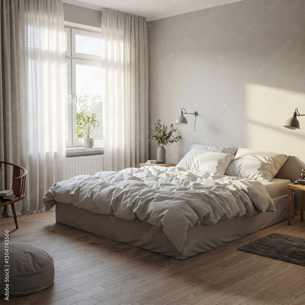 Minimalist Bedroom with Platform Bed and Soft Light Minimalist Bedroom with Platform Bed and Soft Light