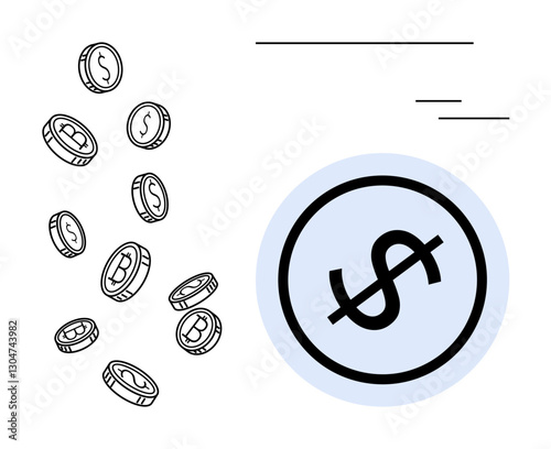 Coins marked with dollar and bitcoin signs in freefall toward prohibited money icon. Ideal for finance, cryptocurrency, economy, expense, prohibition, savings, business ethics, flat simple metaphor