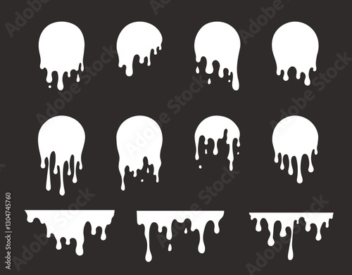 Melted milk or slime white drips, vector shapes set. Abstract melt silhouette.