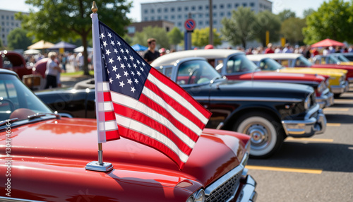 American flag on classic red car at vintage car show
