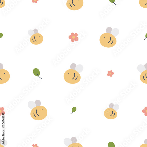 Seamless pattern with cute with bees, flowers and leaves. Spring background. For card, posters, banners, books, printing on the pack, clothes, fabric, wallpaper, textile or dishes.