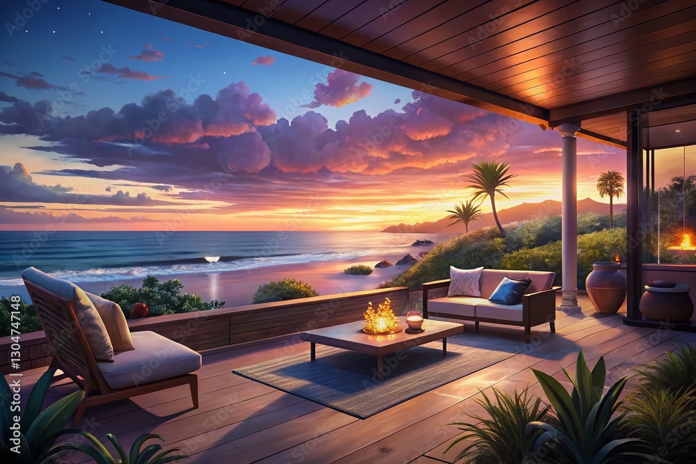 Fototapeta premium Serene Twilight Beach Panoramic: Ocean View from Patio - Stock Photo