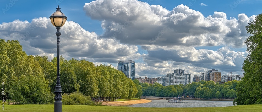 Serene London Park Scene with Dramatic Clouds and Cityscape Backdrop Featuring a Classic Lamp Post Serene London Park Scene with Dramatic Clouds and Cityscape Backdrop Featuring a Classic Lamp Post
