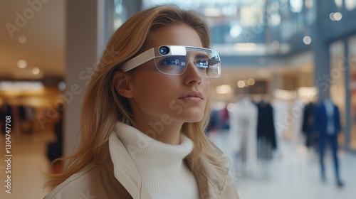 Stylish woman using smart glasses for augmented reality shopping