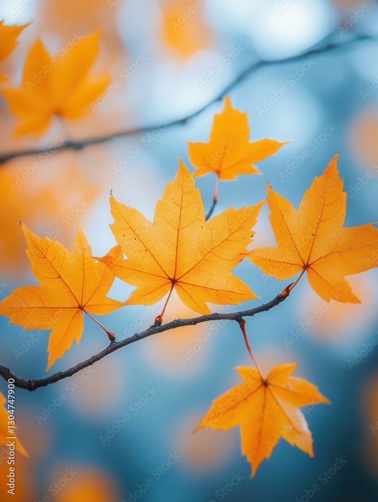Captivating maple leaves in vibrant golden hues against a serene soft blue backdrop in a natural setting Captivating maple leaves in vibrant golden hues against a serene soft blue backdrop in a natural setting