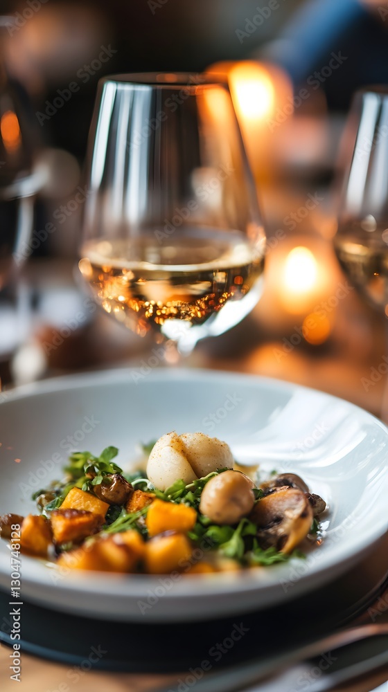 Elegant dish featuring creamy gnocchi and white wine in a cozy dining setting. Elegant dish featuring creamy gnocchi and white wine in a cozy dining setting.