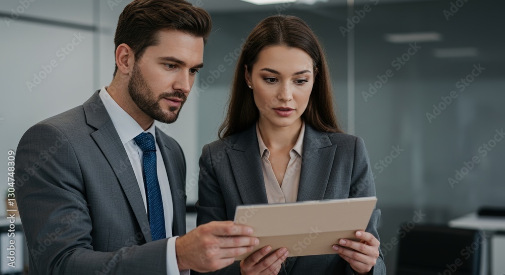 Two business professionals collaborating over a product sample in modern office Two business professionals collaborating over a product sample in modern office
