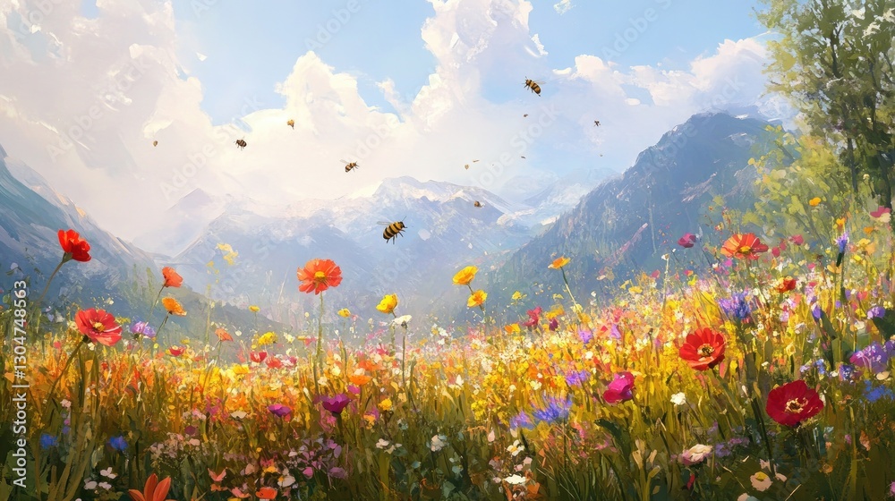 Obraz premium A sunny spring meadow filled with bees and wildflowers in bloom, with brilliant colors standing out against a soft blue sky