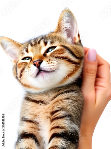 Cute tabby kitty enjoying caresses of his human. Female hand petting european shorthair cat, close up. Domestic animals. Purring cat against white background.