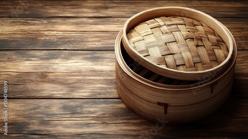 Wooden Bamboo Steamer Basket on Rustic Tabletop