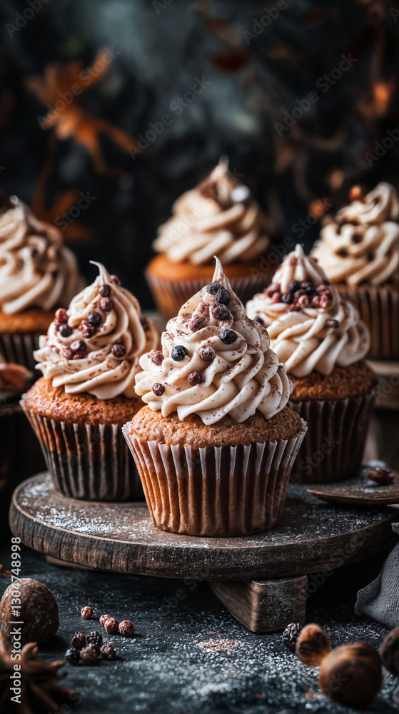 Rustic spiced cupcakes with swirled frosting and cinnamon dusting, served on a wooden stand. Rustic spiced cupcakes with swirled frosting and cinnamon dusting, served on a wooden stand.