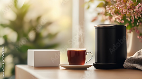 Modern Black Keurig Machine Brewing Tea with Elegant Teacup and White Box on Table