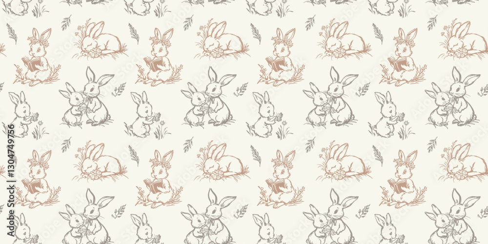 Charming vintage-style seamless pattern featuring bunnies reading, sleeping, and sharing flowers, with delicate leaves and blossoms in soft beige and gray on cream. Horizontal Easter banner