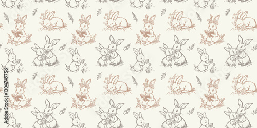 Charming vintage-style seamless pattern featuring bunnies reading, sleeping, and sharing flowers, with delicate leaves and blossoms in soft beige and gray on cream. Horizontal Easter banner