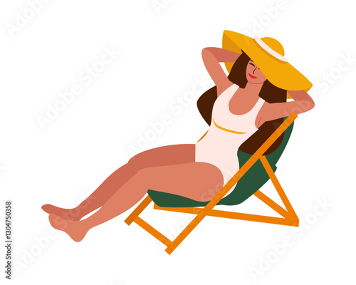 Young woman in swimsuit and straw hat sunbathing, sitting in beach deck chair - vector color flat illustration for banners, postcards, posters, flyers