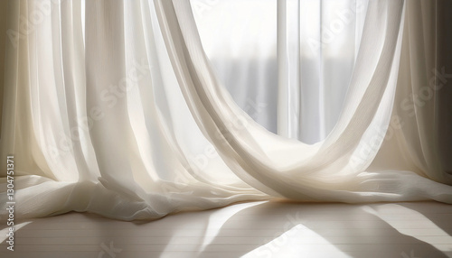 Elegant sheer curtains with sunlight streaming through  creating a tranquil and cozy setting perfect for reflecting calmness and serenity. Ideal for promoting relaxation and peaceful interior scenes