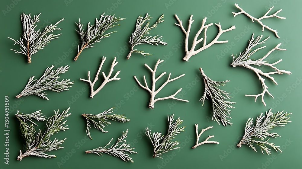 Christmas tree branches in a creative pattern on a green paper backdrop Christmas tree branches in a creative pattern on a green paper backdrop