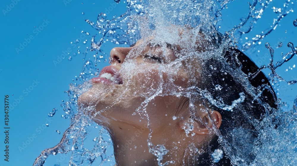 Fototapeta premium Joyful Woman Enhancing Beauty with Water Splash Against Blue Sky