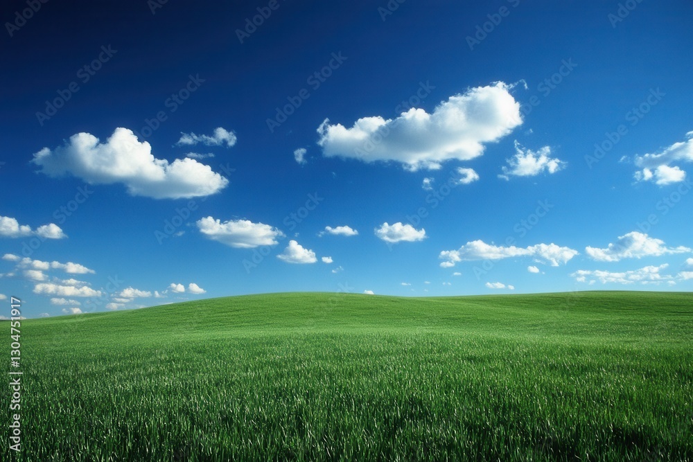 Serene Green Field Under a Deep Blue Sky with Fluffy White Clouds Capturing the Essence of Nature and Tranquility in a Wide Angle View Serene Green Field Under a Deep Blue Sky with Fluffy White Clouds Capturing the Essence of Nature and Tranquility in a Wide Angle View