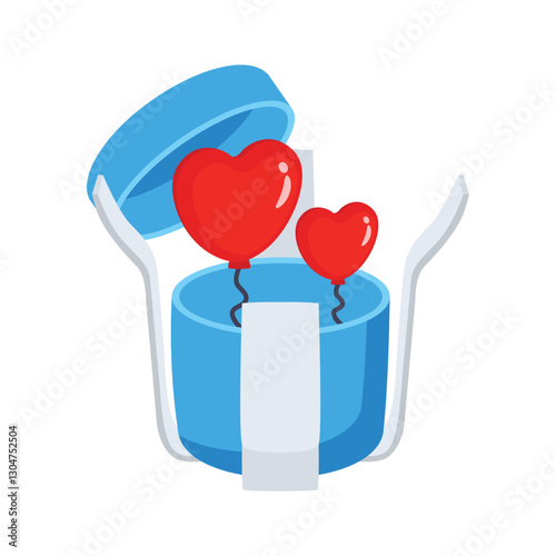 A 3d style icon of gift hamper with heart balloons