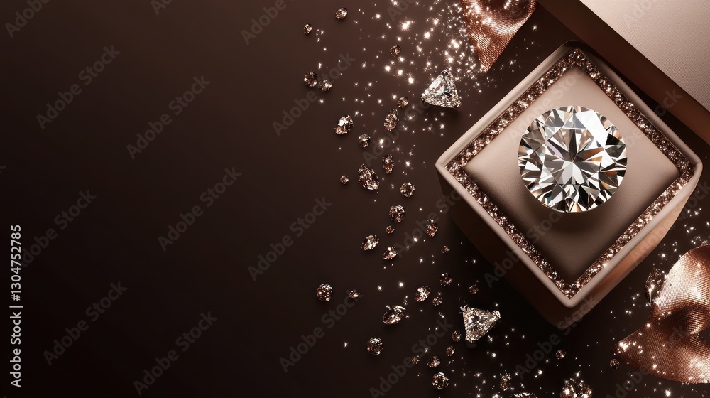 Fototapeta premium Luxury diamond ring in a beige box with scattered diamonds.