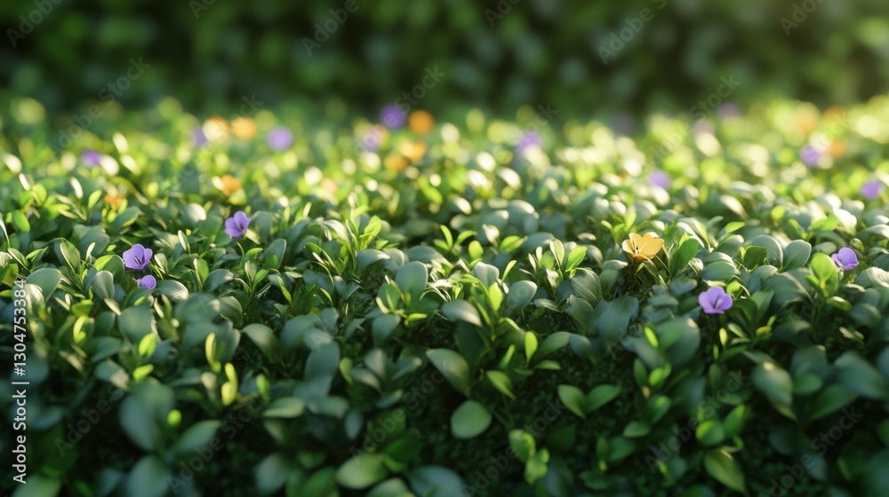Lush Greenery with Delicate Purple and Yellow Flowers in a Sunny Garden Setting Capturing a Serene and Natural Beauty with a Soft Focus and Warm Light Lush Greenery with Delicate Purple and Yellow Flowers in a Sunny Garden Setting Capturing a Serene and Natural Beauty with a Soft Focus and Warm Light