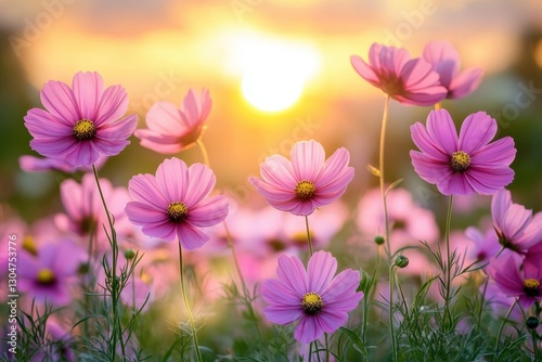 Serene cosmos flowers in a field bathed in golden light at sunset creating a tranquil and romantic scene
